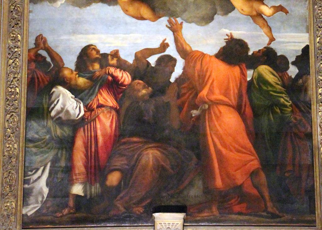 Apostles below the clouds detail in Assumption of the Virgin